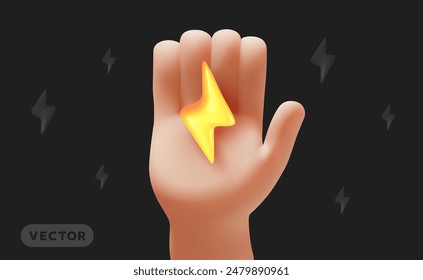 Vector illustration of hand raised up gesture hold lightning on black color background. 3d cartoon style design of raised up man white skin hand and lightning symbol for web, banner, poster, print