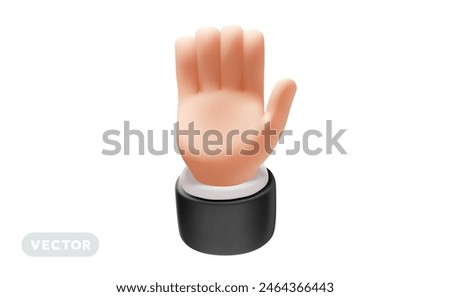 Vector illustration of hand raised up gesture on white color background. 3d style design of raised up man white skin hand in sleeve for web, banner, poster, print