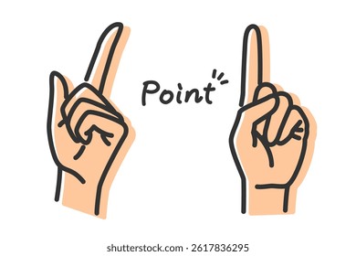 Vektorgrafik der Hand mit erhobenem Zeigefinger und handgeschriebenem "Point". Linienbreite editierbar.