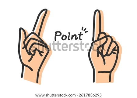 Vector illustration of hand with raised index finger and handwritten “Point”. Line width editable.