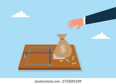Ilustración vectorial de una mano que busca dinero atrapada por una trampa financiera, que simboliza el riesgo, la codicia y los peligros ocultos en las búsquedas de ganancias
