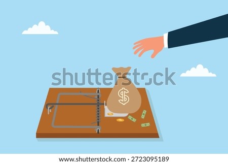 Vector illustration of a hand reaching for money trapped by a financial snare, symbolizing risk, greed, and hidden dangers in profit pursuits
