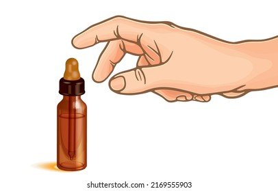 Vector Illustration Of Hand Reaching Out To Grab Brown Dropper Glass Bottle Of Essential Oil,eye Dropper Bottle,cosmetic Oil,hemp Oil Or Cbd Oil,isolated On White,dropper And Medical Equipment.