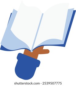 Vector illustration of a hand with a reading book in a flat cartoon style. Rich cultural heritage. Celebration of french history, traditions, and values. Science, education, school sign. The