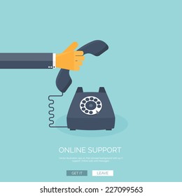 Vector illustration. Hand and retro telephone. Online support concept background. 24/7. Contact us.