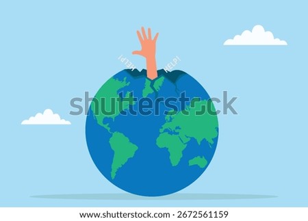 Vector illustration of a hand rising from a cracked Earth with the word 'HELP!', symbolizing global crisis, environmental emergency, and humanity’s urgent call for saving the planet
