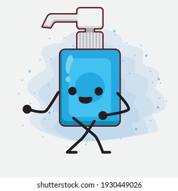 Vector Illustration of Hand Sanitizer Character with cute face, simple hands and leg line art on Isolated Background. Flat cartoon doodle style.