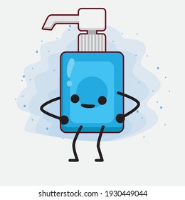 Vector Illustration of Hand Sanitizer Character with cute face, simple hands and leg line art on Isolated Background. Flat cartoon doodle style.