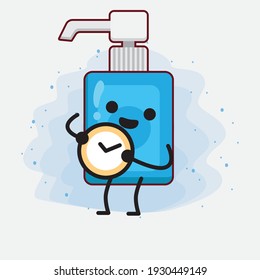 Vector Illustration of Hand Sanitizer Character with cute face, simple hands and leg line art on Isolated Background. Flat cartoon doodle style.