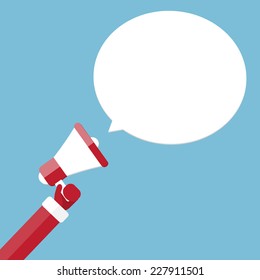Vector illustration of  the hand of  Santa Claus holding amegaphone. Bubble speech. Flat design