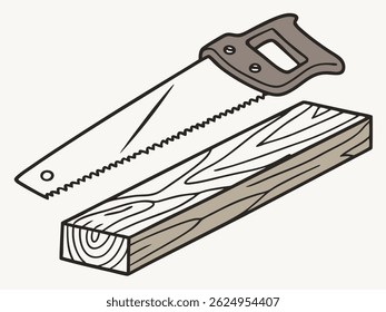 Vector Illustration of Hand Saw and Wood Plank on Isolated White Background for Your Bussines Tool Needs