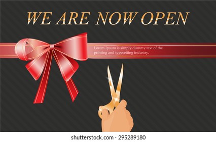 vector illustration of hand scissors cutting red ribbon,opening invitation cards,template 