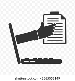 Vector illustration of hand send document laptop icon in dark color and transparent background(PNG).