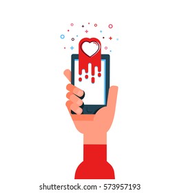 Vector illustration hand send a message love icon smartphone. Electronic greetings Happy Valentine's Day