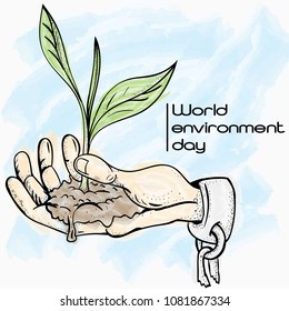 vector illustration of a hand in shackles holding a sprouting plant in the palm, symbolizing world environment day, the background is isolated