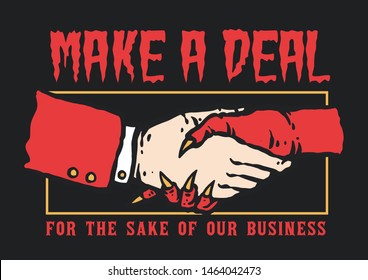 Vector illustration of hand shaking between man and devil make a deal for business