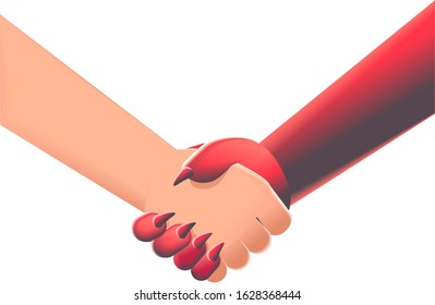 Vector illustration of hand shaking between people and devil isolated on white background