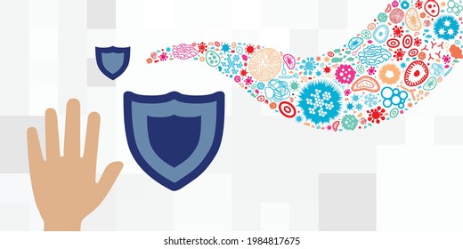 vector illustration of hand and shield for antibacterial antiviral protection and sanitizers 