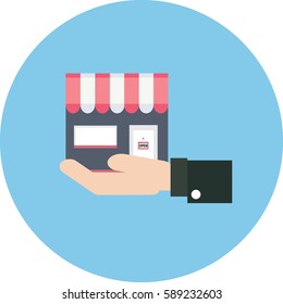Vector Illustration - Hand With Shop Building Flat Icon