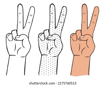 Vector illustration of a hand showing a gesture of peace or victory isolated on white background. Hand with two fingers up. Pacifism concept.