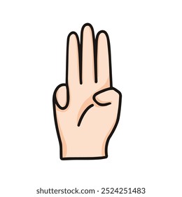 Ilustración vectorial de la mano que muestra el número tres, bueno para contar la mano del número aislada en el fondo blanco