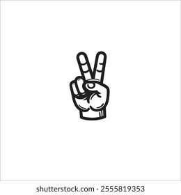 Vector illustration of a hand showing the peace sign, commonly associated with harmony and victory. The black and white design offers a bold and clear representation.