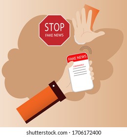 vector illustration of hand showing rejection to Fake news about coronavirus Covid-19. 