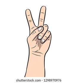 The vector illustration of a hand showing the sign the peace on a white background