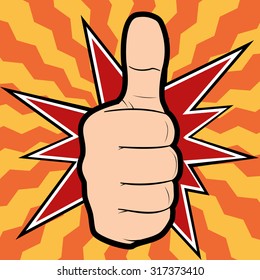 Vector illustration of a hand showing thumbs up or like on colored background