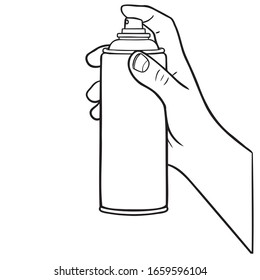 Vector illustration of a hand from the side holding a spray can. monochrome, isolated, grafitty, pest control, hairspray.