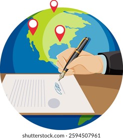 Vector illustration of a hand signing a document with a globe in the background, highlighting international agreements