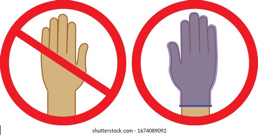 Vector illustration of hand silhouette in round frame. Sign to not to use hand without glove. Hand in medical rubber glove. Personal safety to protect against the virus.  