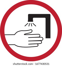 Vector illustration of hand silhouette in round frame. Sign to wash hand under water. Washing handbreadth under faucet in circle sign. Personal safety to protect against the virus.