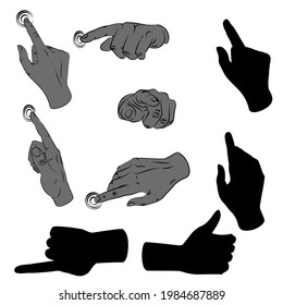 Vector illustration of hand silhouettes. Image of pointing gestures.