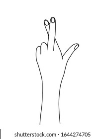 Vector illustration of hand in simple outline style. Crossed fingers