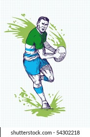 vector illustration of a hand sketch  Rugby player running and passing ball with grid in the background.