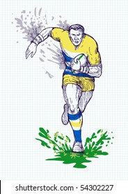 vector illustration of a hand sketch  Rugby player running with ball with grid in the background.