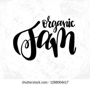 Vector illustration with hand sketched lettering "Organic jam". Template for tag, logo, signboard, design, print, poster.