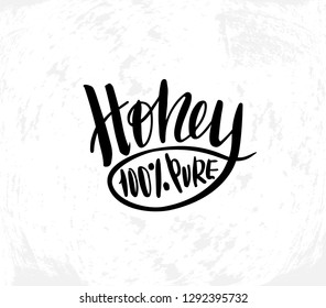 Vector illustration with hand sketched lettering "Honey".  Modern ink calligraphy style. Natural bee products. Template for tag, logo, signboard, design, print, poster.