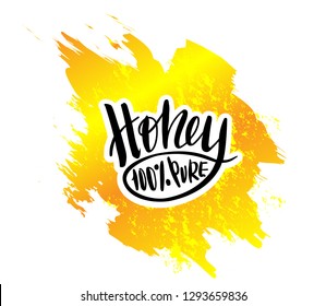 Vector illustration with hand sketched lettering "Honey".  Modern ink calligraphy style. Natural bee products. Template for tag, logo, signboard, design, print, poster.