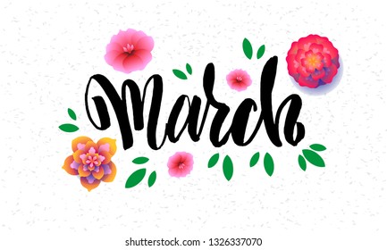 Vector illustration with hand sketched lettering "March". Template calendar, signboard, card, print, poster. Vector lettering typography poster.