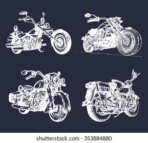Vector illustration of hand sketched vintage motorcycles. Detailed drawings for custom bikes companies, chopper stores, garage labels, t-shirt prints, posters.