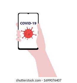Imagen vectorial de mano con smartphone con el virus covid-19 en pantalla.Concepto de coronavirus. Conciencia en línea. Limpia tu teléfono