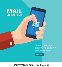 vector illustration of hand with smartphone. finger on the mail icon. Picture with place for your personal design. Isolate on dark background.