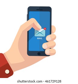 vector illustration of hand with smartphone. finger on the mail icon. Picture with place for your personal design. Isolate on light background.