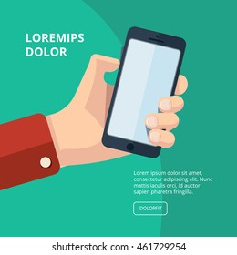 vector illustration of hand with smartphone. finger on buttons which increase loudness. Picture with place for your personal design on the screen. Isolate on dark background.
