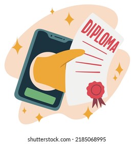 Ilustración vectorial de una mano de un smartphone con un diploma. El concepto de educación en línea, aprendizaje a distancia