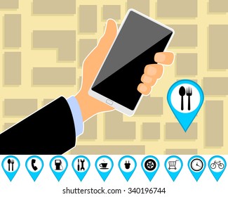 Vector illustration of a hand with smartphone and map