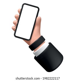 Vector illustration. Hand with a smartphone on a white background, 3d illustration, businessman holds a phone in his hand with a blank screen.