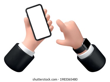 Vector illustration. Hand with a smartphone on a white background, 3d illustration, businessman holds a phone in his hand with a blank screen.